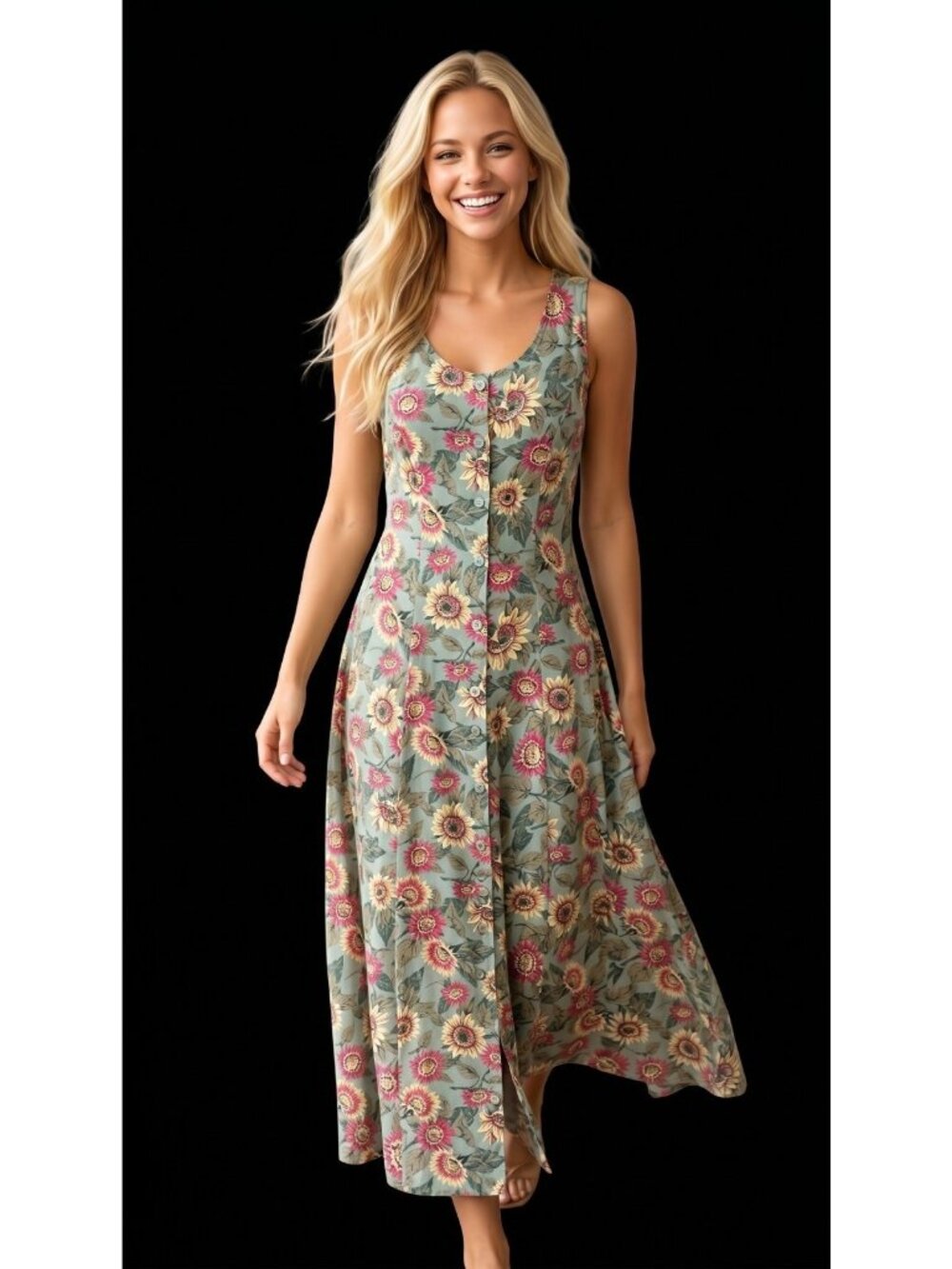 90s Sunflower Shirt Dress Sundress Sz M Sleevless Rayon Midi Maxi USA‎ Made